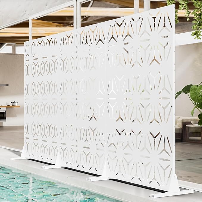 Metal Privacy Screen for Outdoor Freestanding Privacy Screens, 72" H x 44" W Patio Metal Fence Panels with Stand, Portable White Screens for Outside Deck Balcony Garden and Indoor