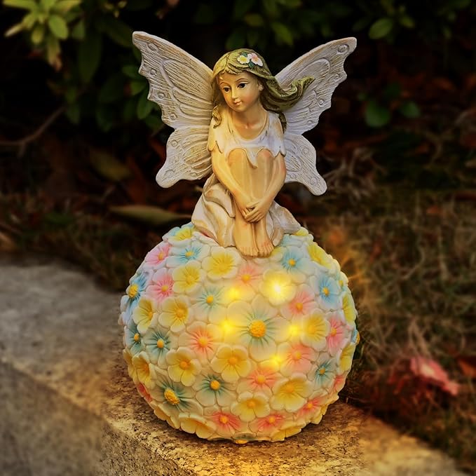 Solar Flower Fairy Garden Decor-Outdoor Fairy Statue-Garden Fairy Figurine Decor for Outside Patio Lawn Yard Porch Ornament,Resin Fairies Statues Decorations,Tall 7.8 Inches, White