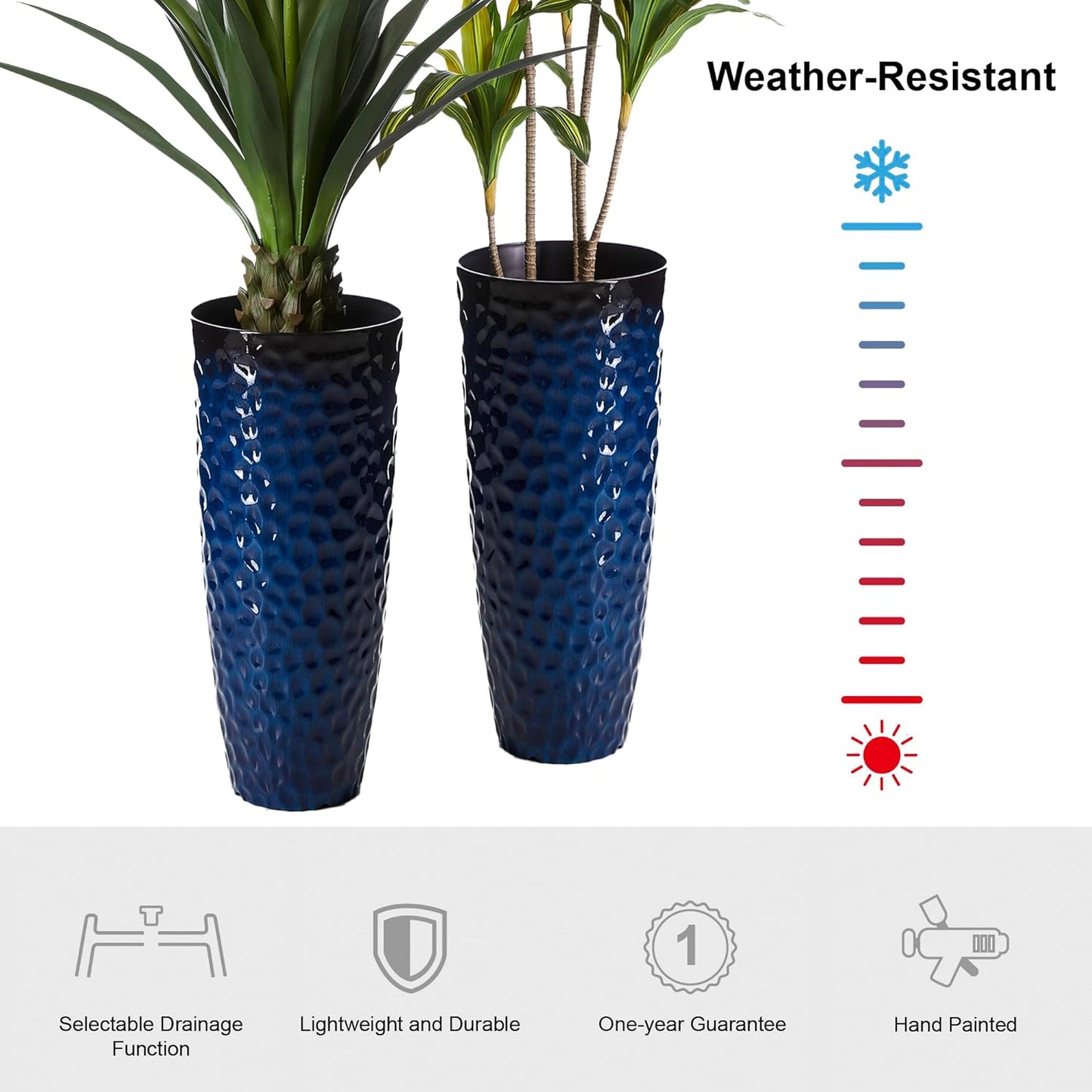 Glitzhome 31" H Oversized Tall Planter, Set of 2 Honeycomb Textured Gradient Cobalt Blue Round Garden Plant Pots with Drainage Holes, Large Flower Containers for Indoor Outdoor Front Door Patio