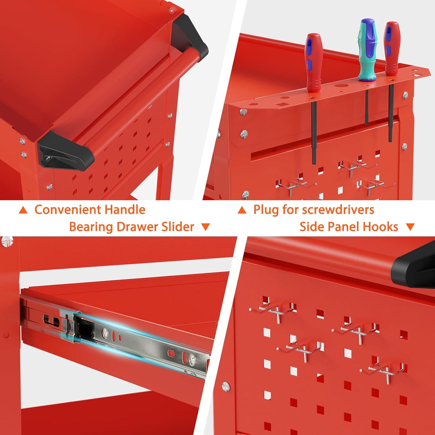 3-Tier Heavy Duty Utility Cart on Wheels, Rolling Tool Cart on Wheels with a Drawer, 350 Lbs Load Capacity Rolling Tool Storage Organizer for Garage, Warehouse and Repair Shop(Red)