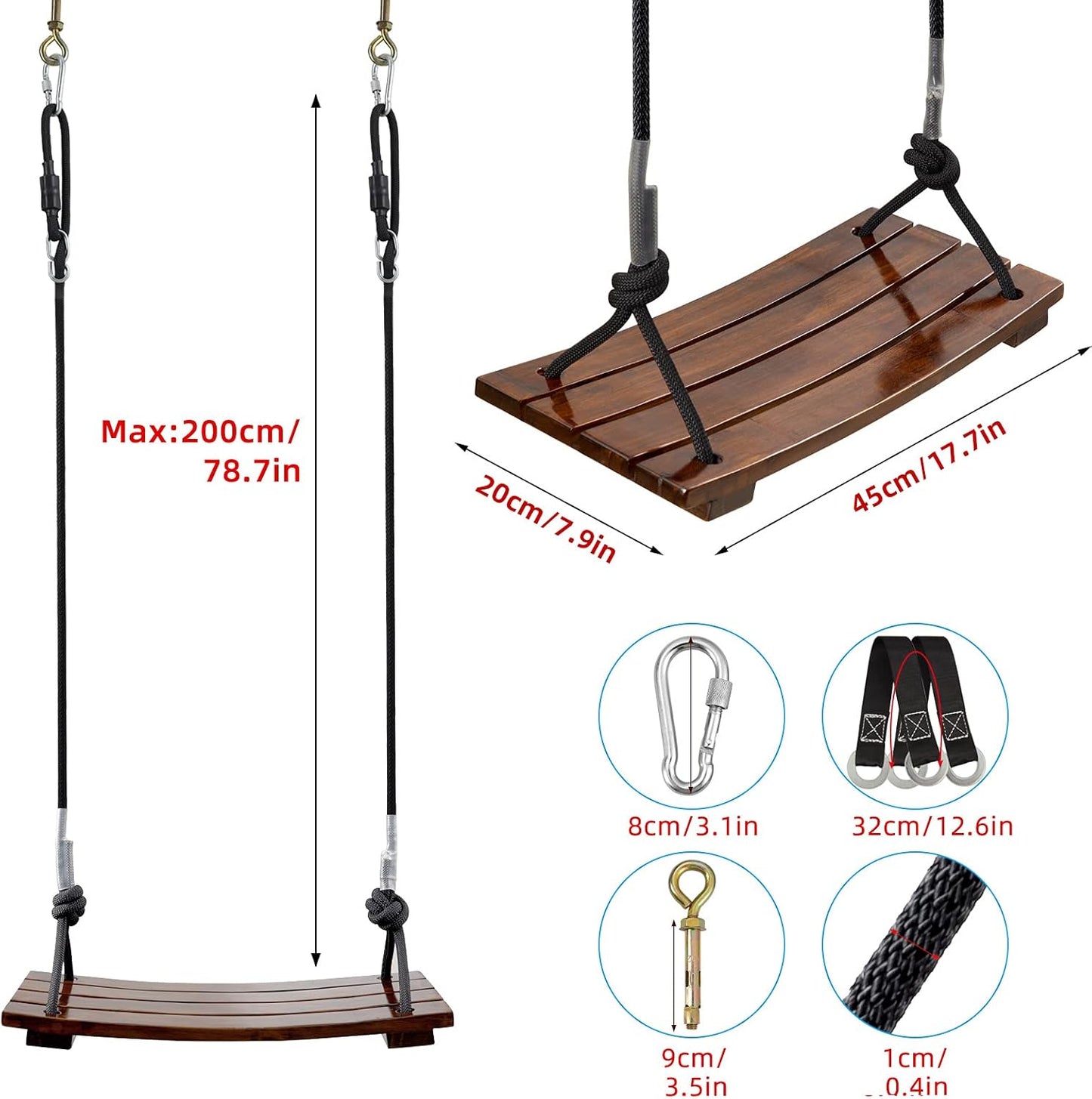 PELLOR Anticorrosive Wood Swing Seat - Waterproof, Indoor/Outdoor, 17.7x7.9x0.6 inch
