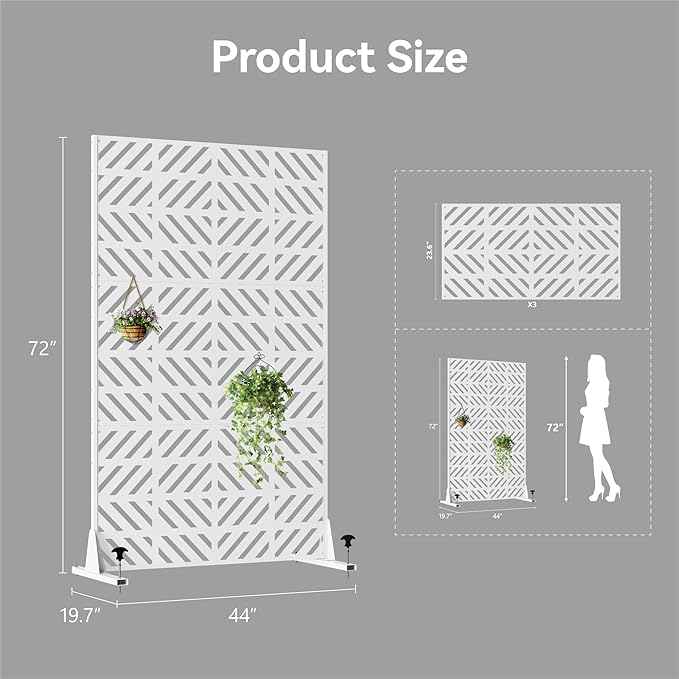 Heavy-Duty Outdoor Privacy Screen for Patio, Balcony, Backyard - 72" H * 44" W Metal Room Divider with Geometric Pattern, Anti-Tipping Kit, Weather Resistant, Easy Assembly (White-FGXPF)