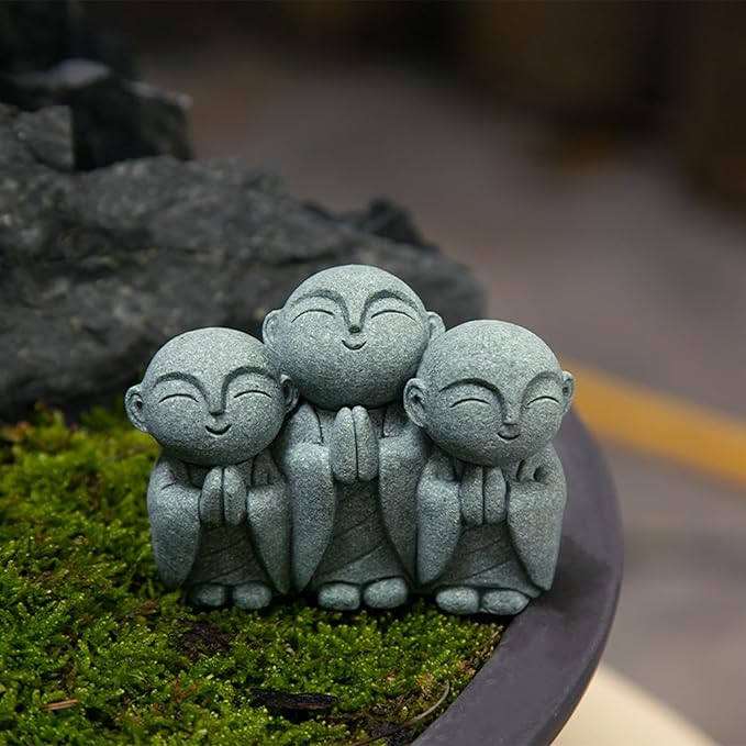 OwMell 3 Japanese Jizo Statue Stone Japanese Buddha Jizo Monk Statue Figurine Memorial Statue Aquarium Decoration Garden Outdoor Ornament 3" - Smiling