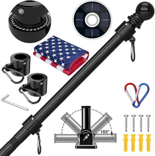 ZMTECH 5FT Flag Pole Kit with Solar Light and Proud American Flag, Adjustable Bracket and Upgraded Tangle-Free Ring 1" Stainless Steel Flagpole for Day and Night, Residential, Commercial, Black