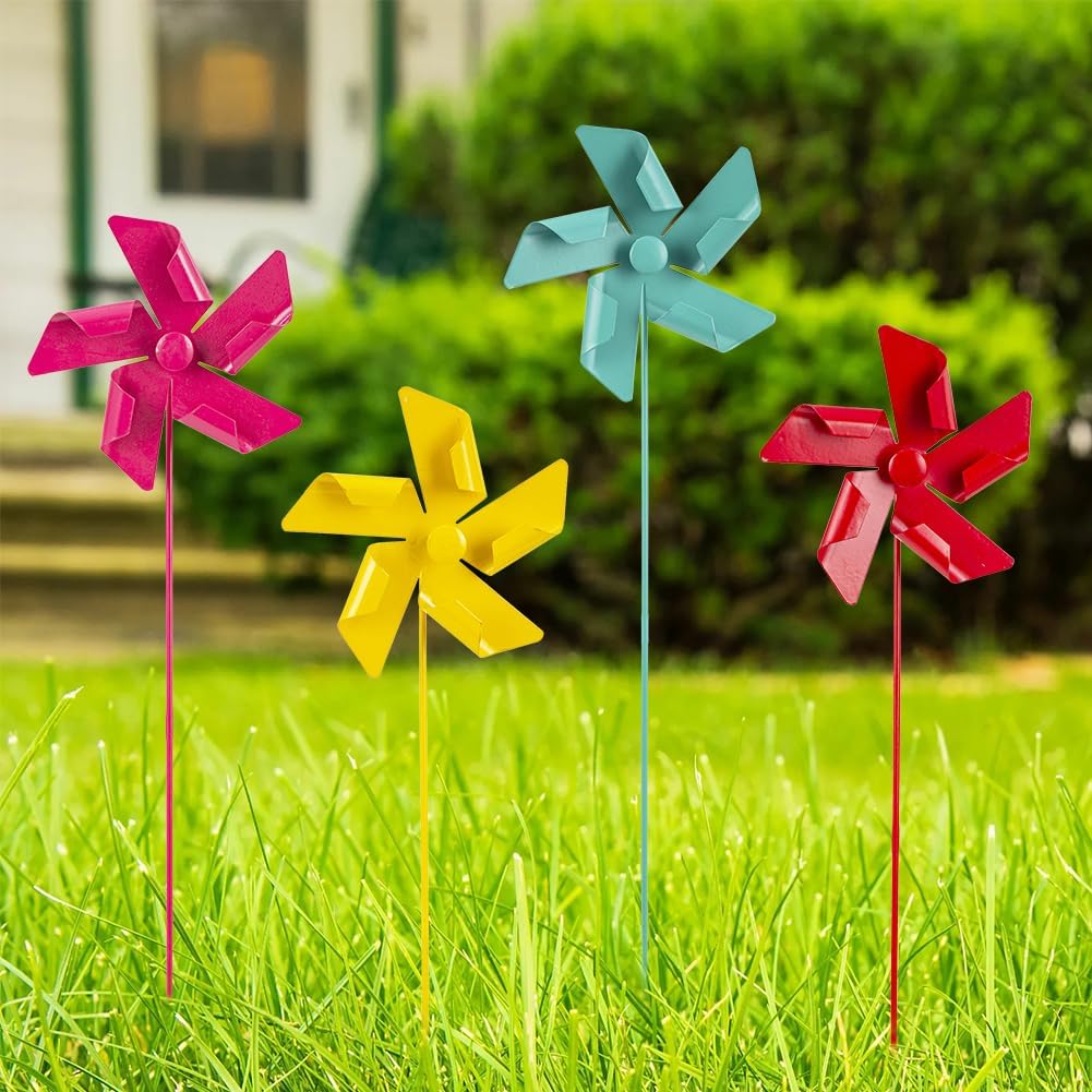 DREAMYSOUL 4 Packs Classic Outdoor Wind Spinners, Small Pinwheel Decorative Garden Stakes, Metal Wind Spinner for Yard and Garden Decor