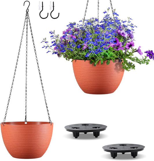 Hanging Planters for Indoor Outdoor Plants, Set of 2 Self Watering Hanging Pots with Drainage Hole & Plug and 20" Chain & Hooks