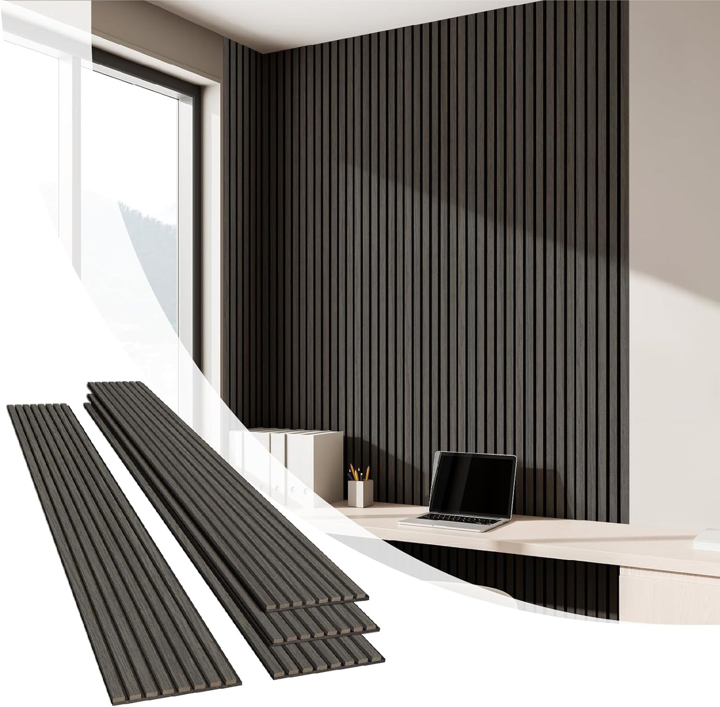 Olanglab Wood Slat Wall Panels 4 Pack, Wooden Acoustic Wall Panels, 94.5"x12.6" Each 3D Wall Panels for Interior Wall Decor (Black-Extendo Trio)
