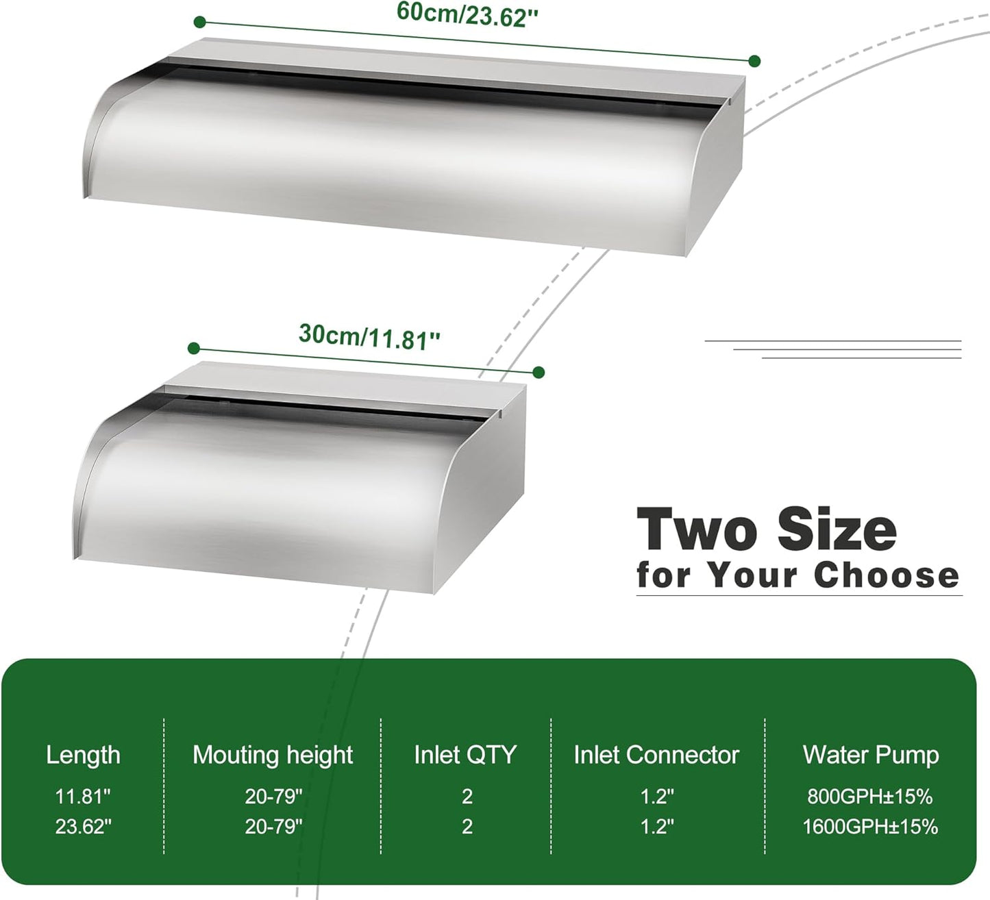Pool Fountain Waterfall Spillway with Wider Water Flow Platform, Stainless Steel Waterfall with Pipe Connector Kits, Water Feature Spillway for Garden Decor, Patio, Ponds, 23."x11.8"x3.9"