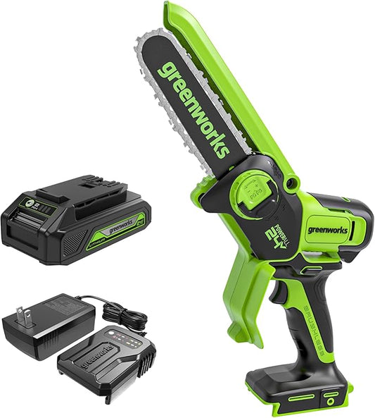 Greenworks 24V 6" Mini Chainsaw Cordless , Small Cordless Handheld Saw, 2.0Ah Battery and Charger Included, for Tree Trimming and Pruning