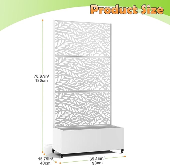 Metal Raised Garden Bed with Trellis, 2-in-1 Planter Box & Privacy Screen for Climbing Plants, Outdoor Standing Flower Bed with Drainage Holes, 35.4" L x 15.7" W x 70.1" H, White-Spring