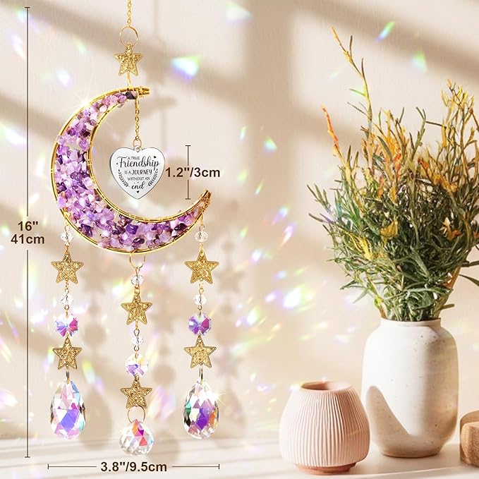 Best Friend Birthday Gifts for Women Unique, for Friends Female, Long Distance Friendship Gifts for Women BFF Bestie Sister Gifts, Moon Crystal Suncatcher for Window Hanging Decor