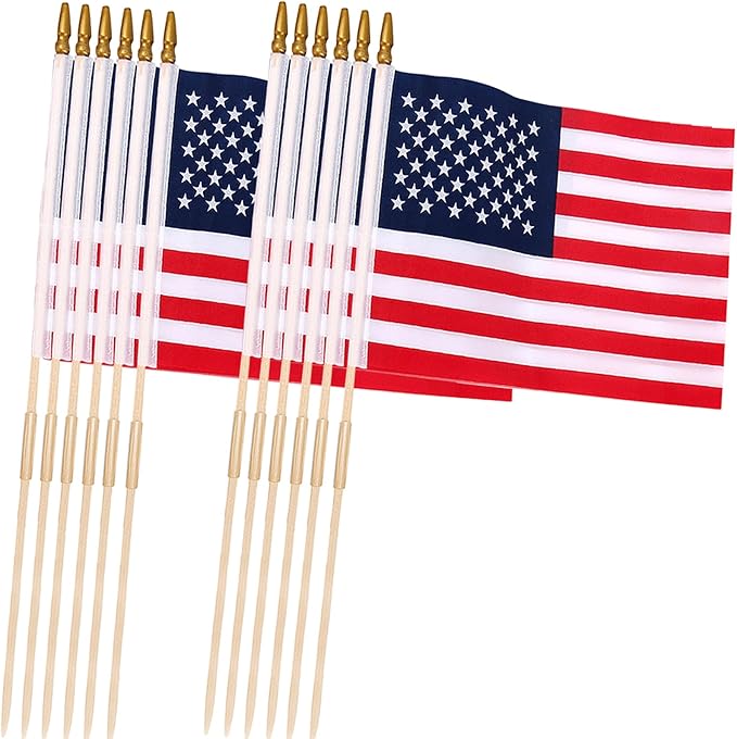 12 Pcs 12x18 Inch American Flags on Stick, American Flags for Outside, USA Stick Flag with Handheld and Grounded Multi-Purpose Flagpole, Memorial Day Decorations, 4th of July, Veterans Day, Patriotic Decorations