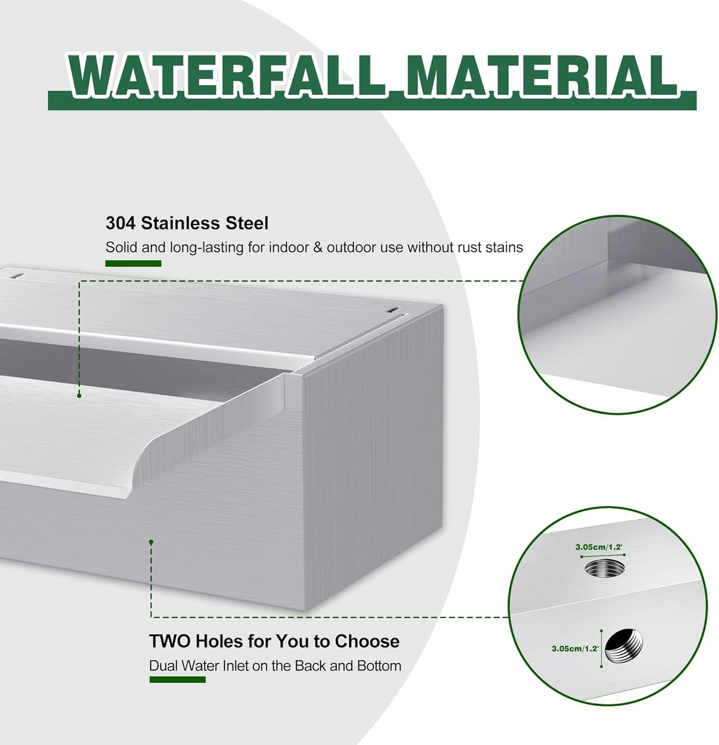 Pond Waterfall Spillway LONGRUNNEW 304 Stainless Steel 11.8" Rectangular Waterfall Spillway, Water Fall Fountain with Pipe Connector for Garden Outdoor, Swimming Pools, Fountains, Pond and Spa