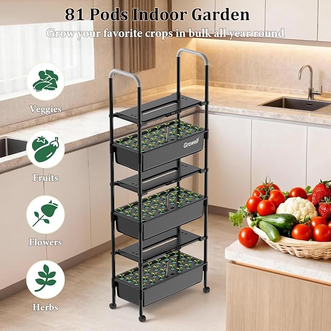 Hydroponics Growing System Kit, 81 Pods Vertical Indoor Herb Garden with Smart LED Grow Light, Auto Circulating Water Pump Each Tier, 42L Hydroponic Gardening Systems for Ideal Gifts (Black)