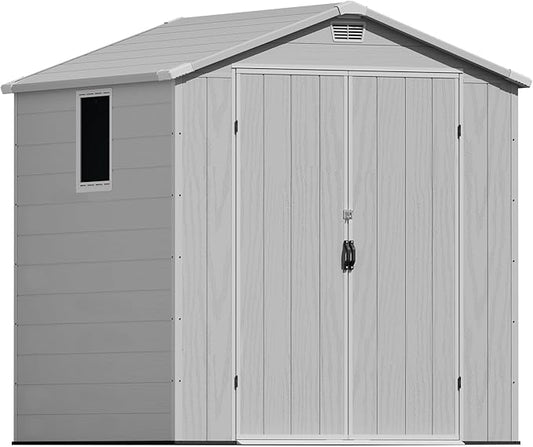 Greesum 6x6FT Plastic Outdoor Storage Shed with Floor, Resin Sheds with Lockable Double Door, All-Weather Tool Sheds with Window and Vents, for Garden, Backyard, Patio, Light Gray