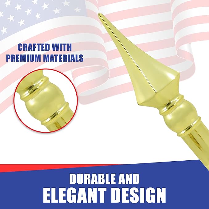 Super Tough Indoor Flag Pole kit 7ft - Plastic Spear - Gold Texture Base - Aluminum Flagpole with Brass Finish - Heavy Duty Inside House Flagstaff - Interior Shaft and Stand - No Ensign Included