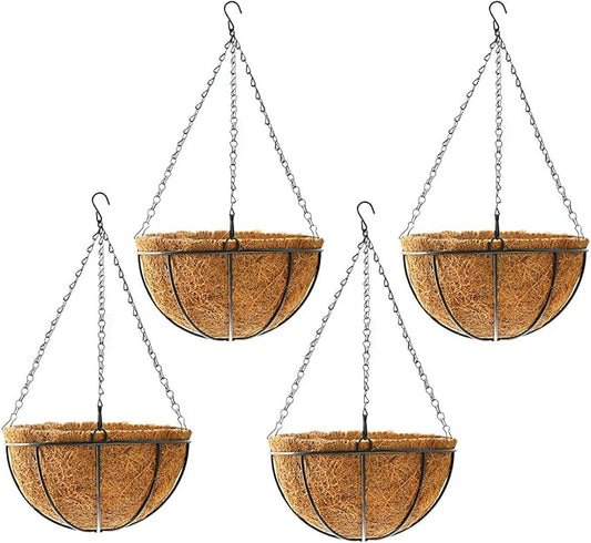 Hanging Plant Basket Flower Holder (4pack, 14 inch)-Metal Wire Round Hanging Basket Planter with Coco Fiber Liners for Plants Flower Pots Indoor Outdoor Garden Porch and Balcony Decor