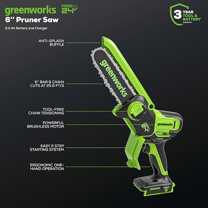 Greenworks 24V 6" Mini Chainsaw Cordless , Small Cordless Handheld Saw, 2.0Ah Battery and Charger Included, for Tree Trimming and Pruning