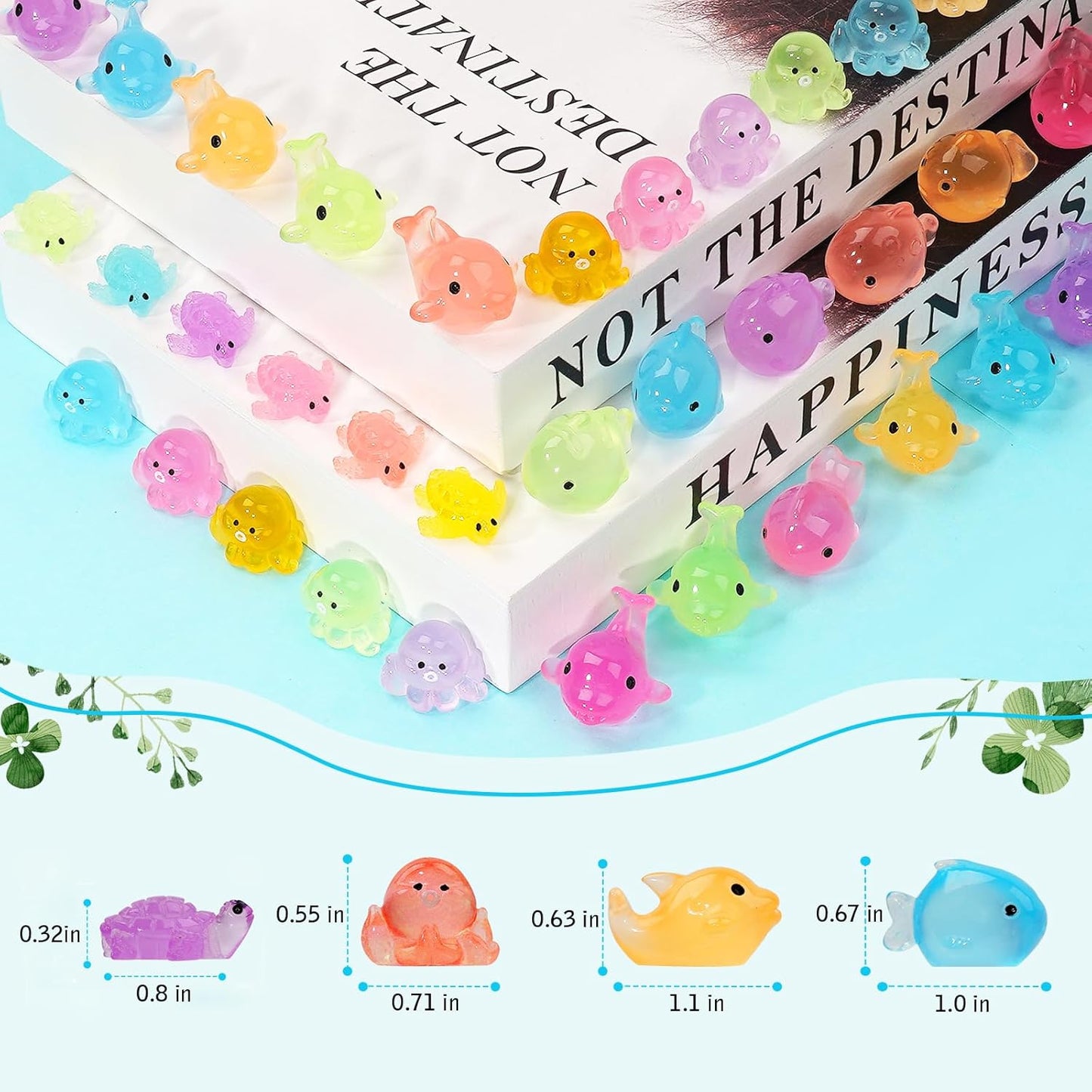 Mini Resin Ocean Animals Figures to Hide 72 PCS Luminous Tiny Miniature Figurines Bulk Glow in The Dark Include Baby Octopus Small Turtle Dolphin Fish for Aquarium Garden Micro Landscape Dollhouse