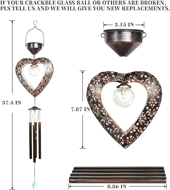 Solar Wind Chimes for Outside Deep Tone Heart LED Crackle Glass Ball LED Decor Light Metal Elegant Hanging Decorations Gifts for Mom Women Yard Porch Birthaday Christmas (Bronze)…