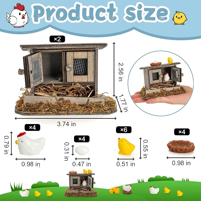 Nicunom 20Pcs Miniature Retro Wooden Chick Coop, Mini Family Chickens, Hen, Chick, Egg, Chicken Nest Ornament for Fairy Garden Accessories, Micro Landscape Lawn Decor