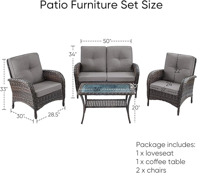 HUMMUH 4-Piece Patio Furniture Wicker Outdoor Conversation Set,All-Weather Rattan Outdoor Sofa Set Patio Chairs Coffee Table for Backyard,Porch,Deck