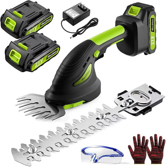 Cordless Hedge Trimmer - 2 Pack 21V Battery with Charger Powered Electric Trimmers, 2 in 1 Handheld Hedge Shears + Grass Cutter Pruning Shrub Cutting Small Branch Tool for Bush,Tree,Garden,Lawn,Yard