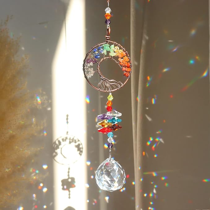 Sun Catcher Crystal Hanging Tree of Life SunCatchers Healing Crystals for Indoor Window, Home Decor, Car Charms Pack of 3