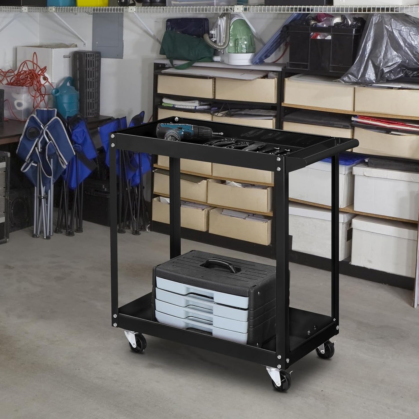 TUFFIOM 2 Tier Rolling Tool Cart on Wheels w/2 Brake, 220 LBS Capacity Heavy Duty Commercial Utility Tool Service Cart, Tool Organizer for Mechanic,Garage,Workshop,Warehouse & Repair Shop