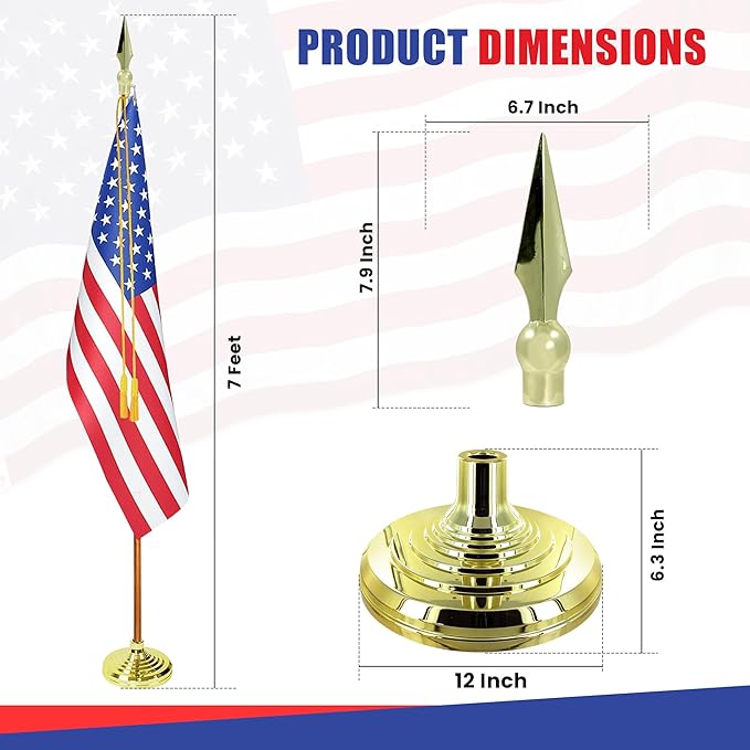 Super Tough Indoor Flag Pole kit 7ft - Metal Spear - Gold Texture Base - Aluminum Flagpole with Brass Finish - Heavy Duty Inside House Flagstaff - Interior Shaft and Stand - No Ensign Included