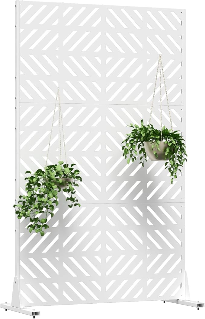 Metal Privacy Screen for Outdoor Freestanding Privacy Screens, 72" H x 44" W White Fence Panels with Stand, Patio Metal Screens for Outside Outdoor Divider Deck Balcony Garden and Indoor