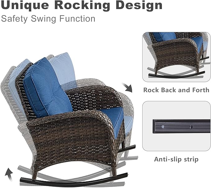 HUMMUH 5 Pieces Wicker Patio Furniture Set,Outdoor Rocker Chairs,Patio Ottomans,Glass Top Side Table,Outdoor Conversation Set for Porch Deck Backyard Poolside