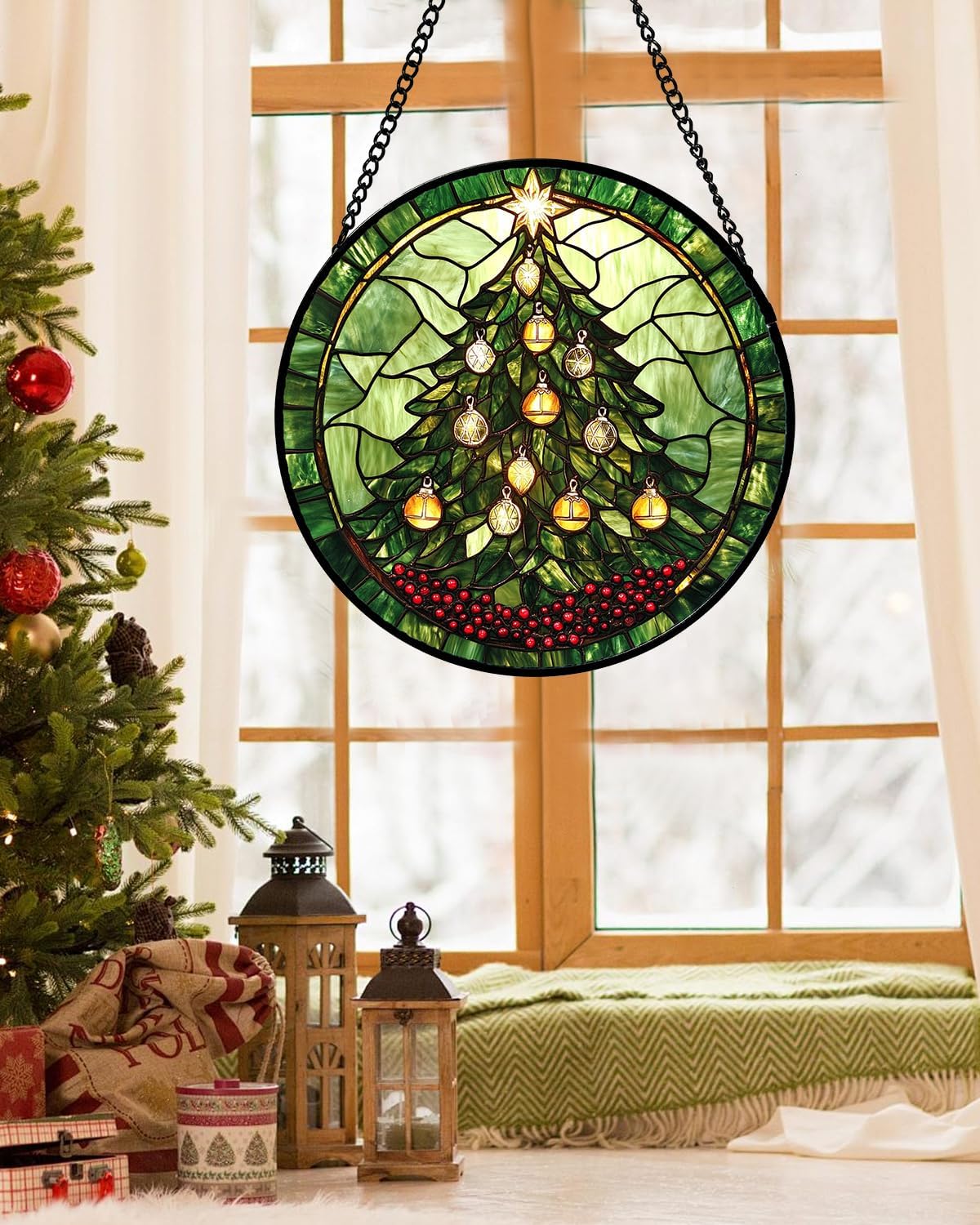 Stained Glass Window Hanging - Green Christmas Tree Golden Bells Suncatcher for Doors Home Christmas Decoration Sun Catcher Thanksgiving New Year Birthday Gift for Women Men Mom Nana 11.8 in