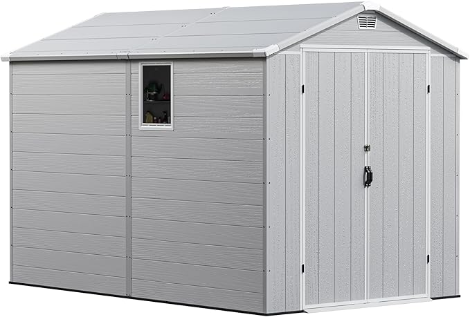 Greesum 6×10FT Plastic Outdoor Storage Shed with Floor, Resin Storaged Sheds with Lockable Double Door, Windows & Vents, All-Weather Tool Sheds for Garden, Backyard, Patio, Light Gray