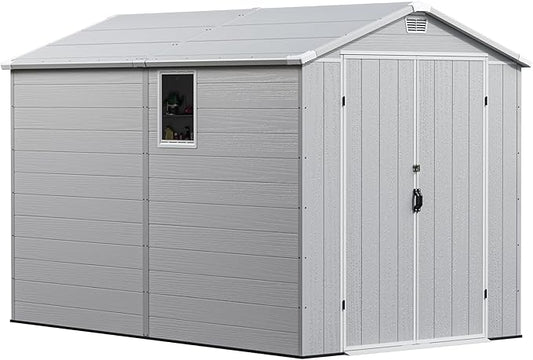 Greesum 6×10FT Plastic Outdoor Storage Shed with Floor, Resin Storaged Sheds with Lockable Double Door, Windows & Vents, All-Weather Tool Sheds for Garden, Backyard, Patio, Light Gray