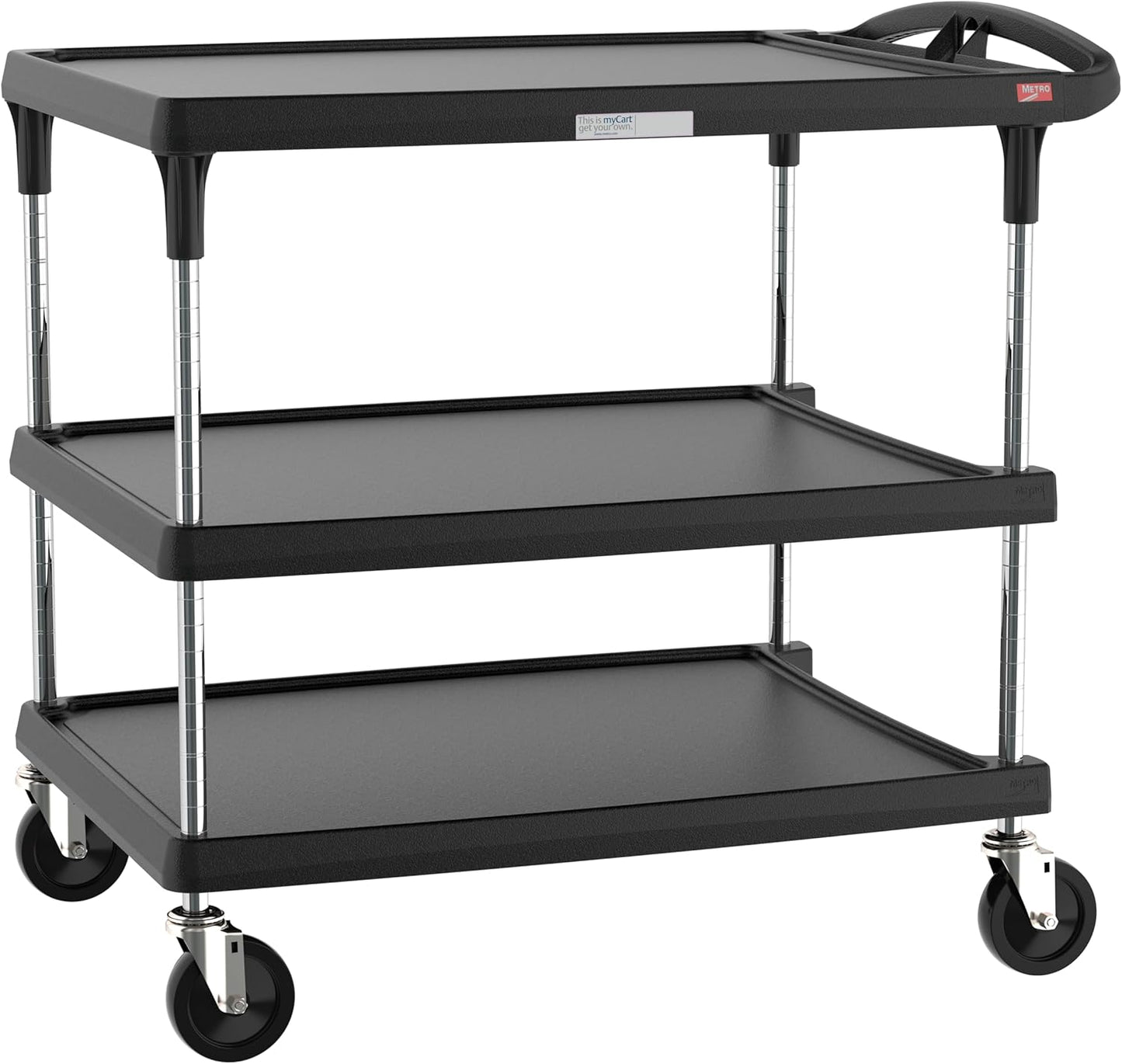 Metro myCart Plus Utility Cart - Choose-Your-Height Adjustable Heavy Duty Rolling Cart for Home, Commercial and Industrial Use - 3-Shelf, 500 lbs Capacity - 27.7" W x 40.25" L x 36.8-40.8" H - Black