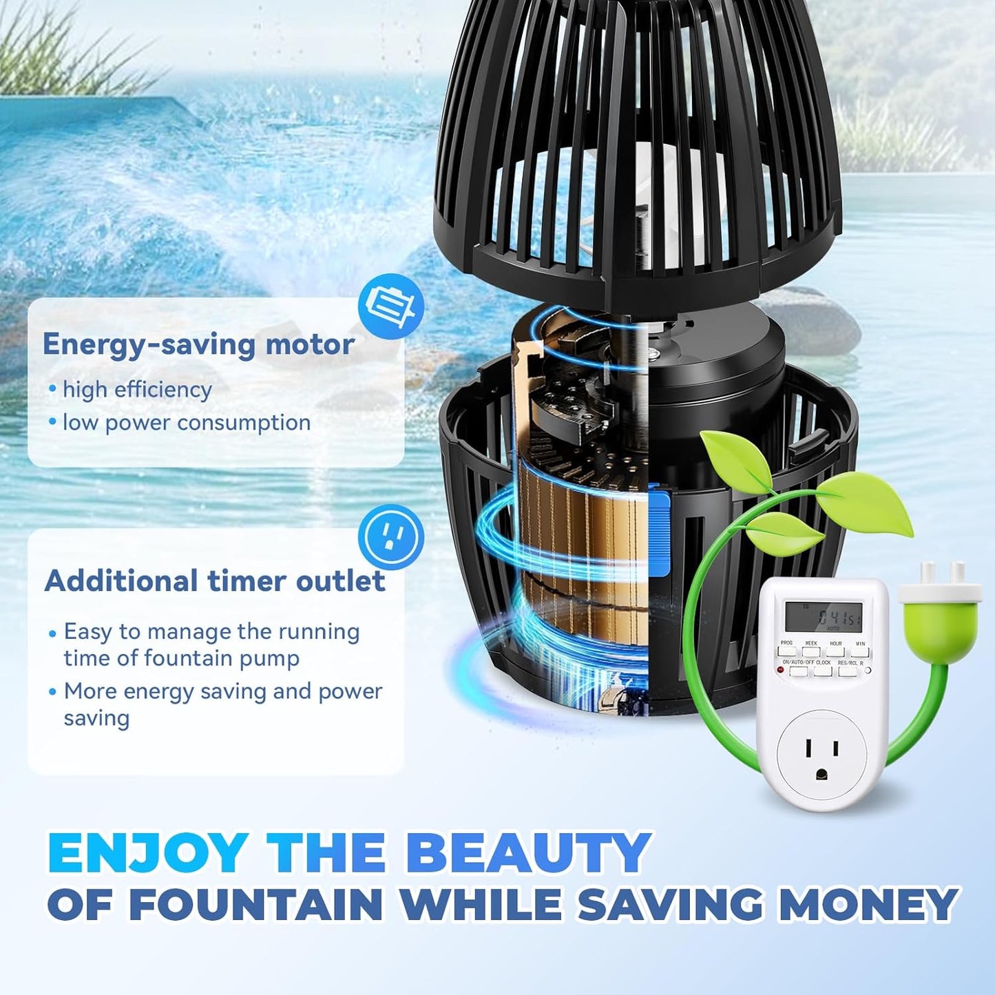 Poafamx Pond Fountain Aerator, 5000GPH Floating Fountain Pump for Large Pond, 33FT Power Cord Pond Aerator with Mooring Kit and Outlet Timer 110V for Pond Pool Lake Aquascape Oxygenation