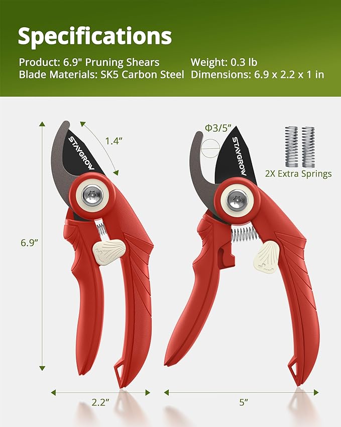 Pruning Shears - 6.9" Professional Garden Shears with SK5 Stainless Steel Sharp Blades, Garden Clippers with Comfortable Grip Hands and Safety Lock, Gardening Tools for Men Women - Red