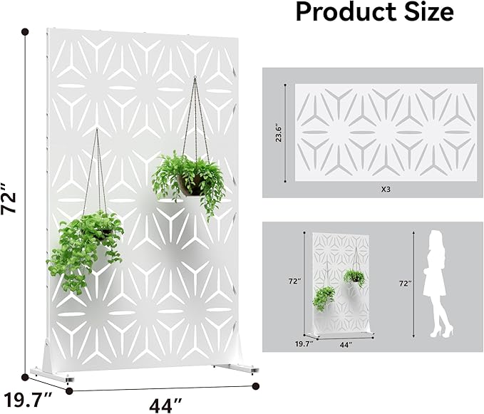 Metal Privacy Screen for Outdoor Freestanding Privacy Screens, 72" H x 44" W Patio Metal Fence Panels with Stand, Portable White Screens for Outside Deck Balcony Garden and Indoor