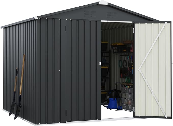 Greesum 8x8FT Outdoor Storage Shed, Utility Tool Shed Metal Storage Garden Shed with Door & Lock for Patio Storage, Black