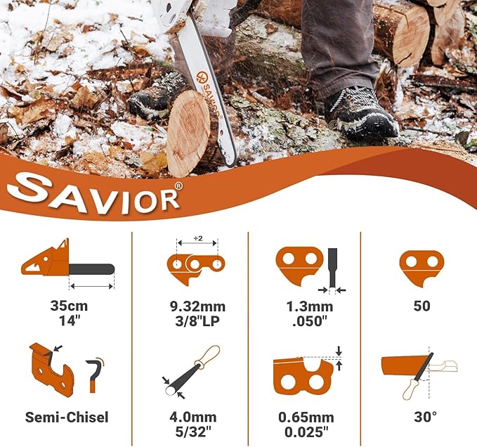 Savior 14 Inch Chainsaw Chain 3/8" LP Pitch .050" Gauge, 50 Drive Links Replace Stihl 63PM3 50, 63 PM-50, 3613 005 0050, Oregon S50 T50 91PX050G 91VXL050G, Fits MCCULLOCH, REMINGTON Chain - (3 Chains)