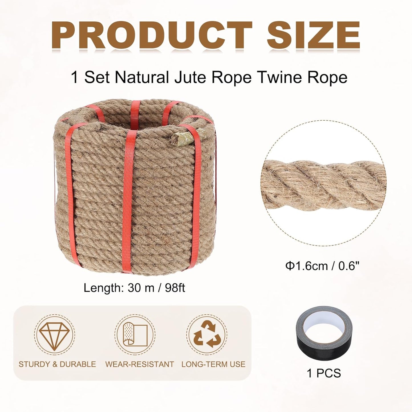 MECCANIXITY Jute Rope 0.6 Inch x 98ft, Thick Twine Rope Ropes Braided Jute Twine Natural Brown Burlap Cord String Heavy Twisted with Tape for Decorative Crafts Railing Swing Tug of War