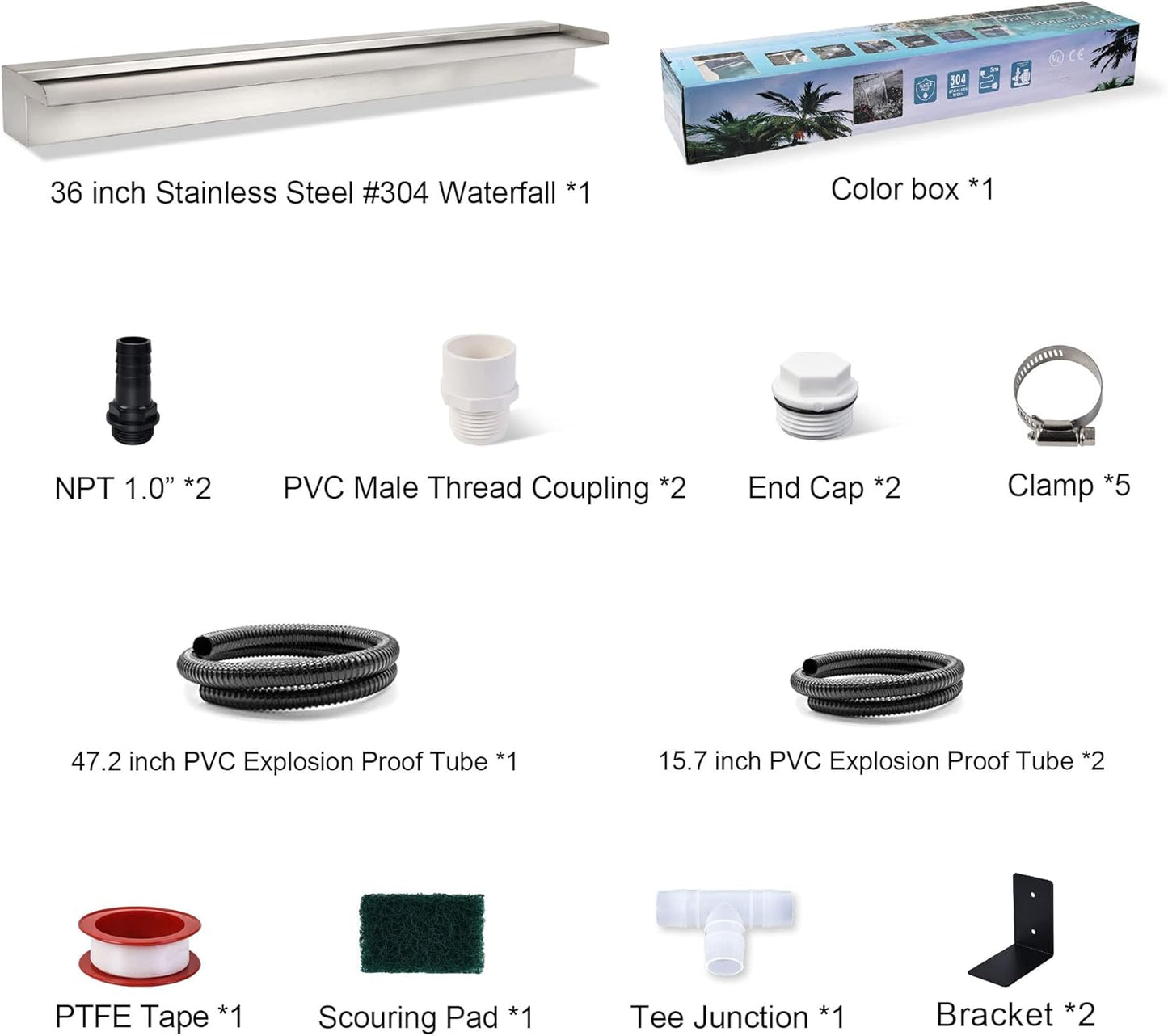 YUDA 36 Inch Water Pool Fountain, 304 Stainless Steel Pool Waterfall with Wider Water Flow Platform, Professional Waterfall Spillway for Sheer Descent Garden Outdoor