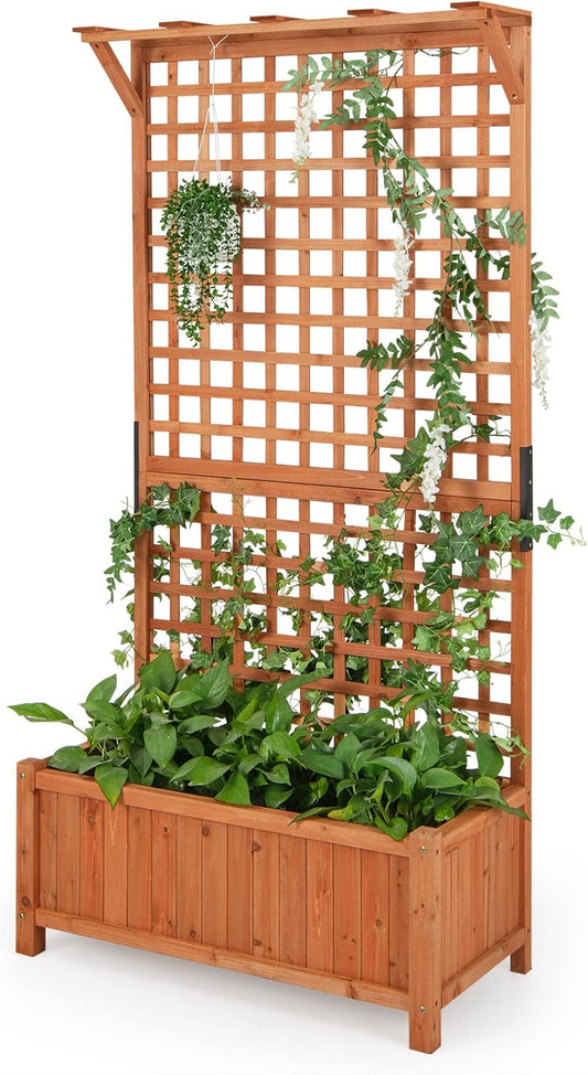 HAPPYGRILL Raised Garden Bed with Trellis, 72.5" Planter Raised Bed with Drainage Holes, Freestanding Garden Box for Vine Climbing Plants, Wooden Planter Box for Yard Balcony (1, Orange)