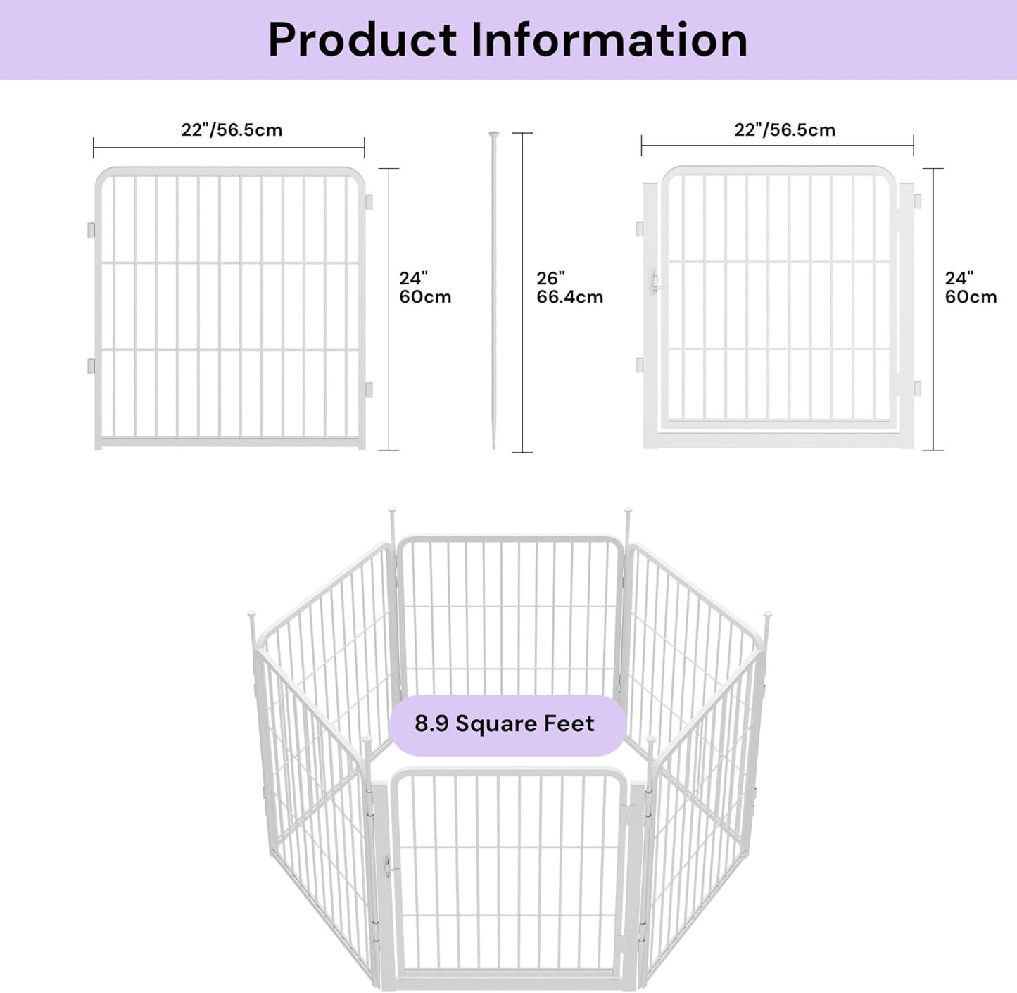 Garden Fence with Gate 24 in(H) x 11.1 ft(L) 6 Panels, Heavy Duty Metal Animal Barrier for Dog and Rabbit, Outdoor Fencing, Easy Set Up, White