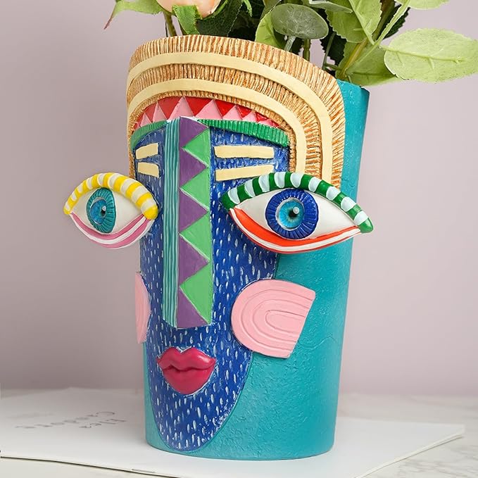 Picasso Abstract Face Planters Pots Unique Head Planter with Drainage Holes Handcrafted Resin Vases with Facial Expressions for Artistic Home Decor