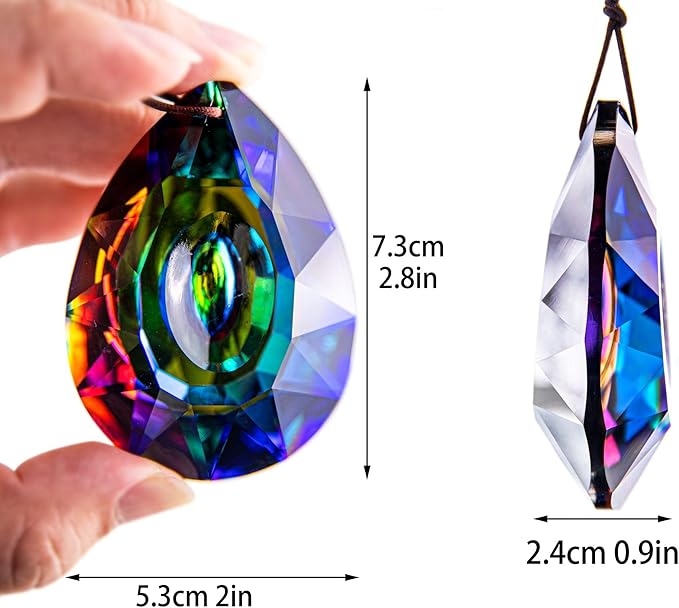 HDCRYSTALGIFTS 2PCS 76mm Crystal Prisms Suncatchers Hanging Ornament for Window, Chandelier Lamp Drops Pendant Rainbow Maker Home Garden Decoration (Single Face Colorful)