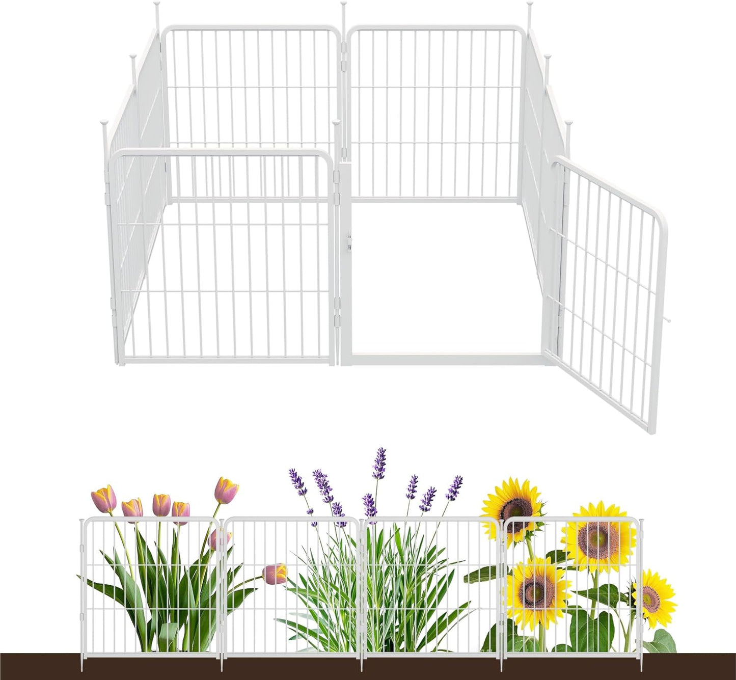 Decorative Garden Fence with Gate 24 in(H) x 14.8 ft(L) 8 Panels, Heavy Duty Metal Animal Barrier Fence for Yard, Flower Bed Fencing, Garden Border Fence, Easy Set Up, White