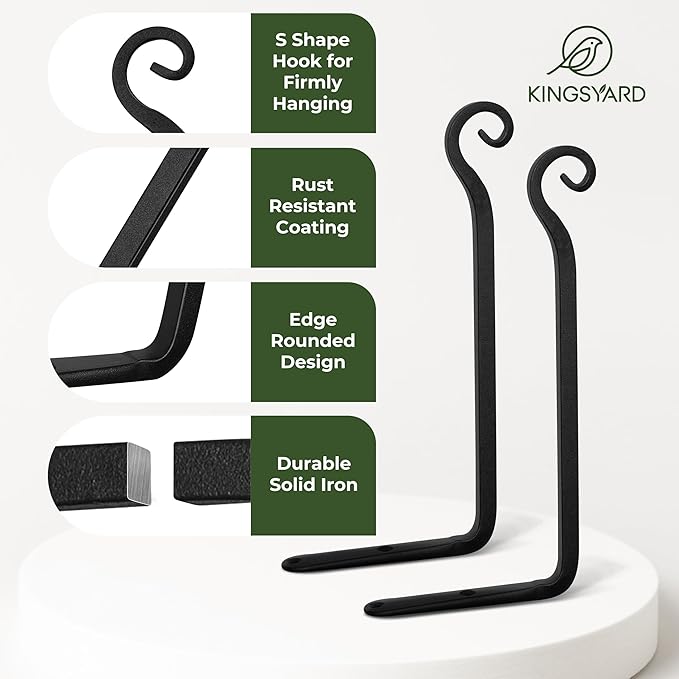 Kingsyard 2-Pack Wall Plant Hanger Outdoor - Heavy Duty Metal Hanging Bracket Hooks for Hanging Plant Bird Feeders Lanterns Wind Chimes Outdoor & Indoor, 6-Inch/Black