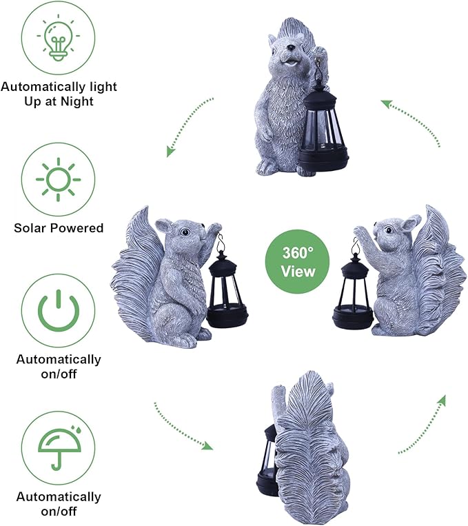 Solar Squirrel Statues for Garden Decor: Outdoor Figurines Sculpture with Lantern for Yard Art Lawn Patio Balcony - Gifts for Mom Grandma